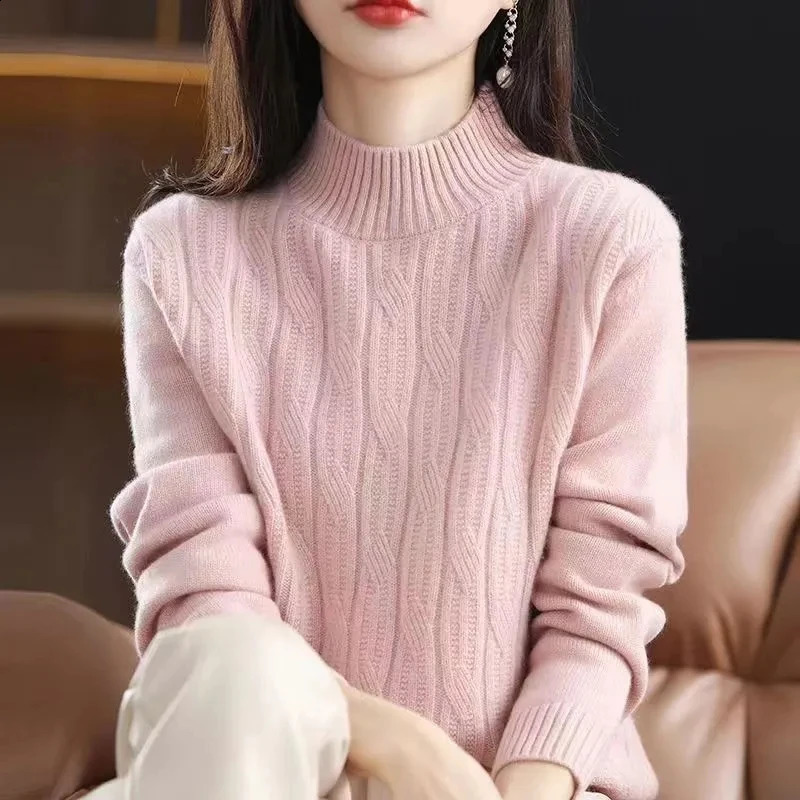 Automne hiver épais chaud Pull Femmes Femmes à moitié cols cachemire Cachemire coréen Green solide décontracté Basic Pullover Knitwear 240826