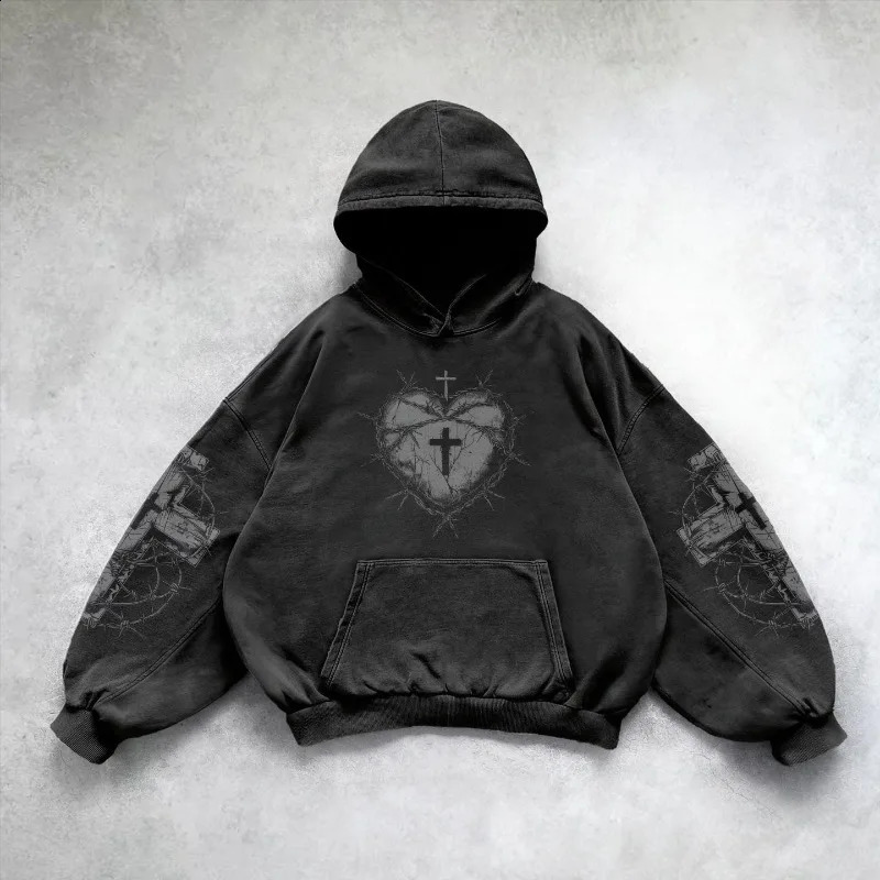 American street trend retro cross print black hoodie men Y2K Goth Harajuku loose hoodie fashion couple casual sweatshirt 240826