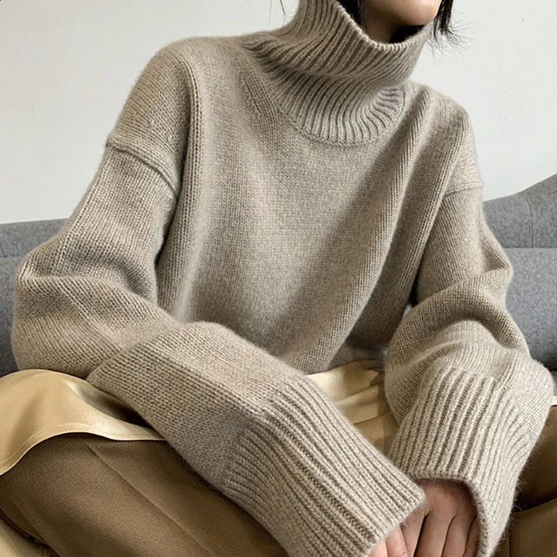 Autumn/Winter Thick Cashmere Sweater Womens High Collar Pullover Sweater Warm Loose Knitted Bottom Sweater Top 240826
