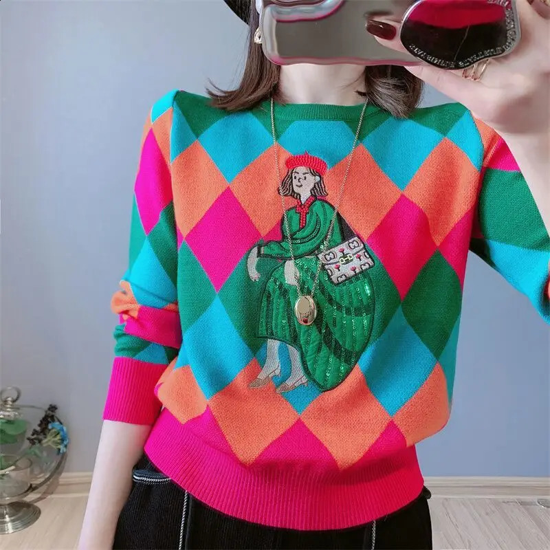 Vêtements pour femmes dessin animé de mode épisser le cou rond Pull d'automne et d'hiver Femme Contrus Couleur couleur Couleur courte tricot TOP