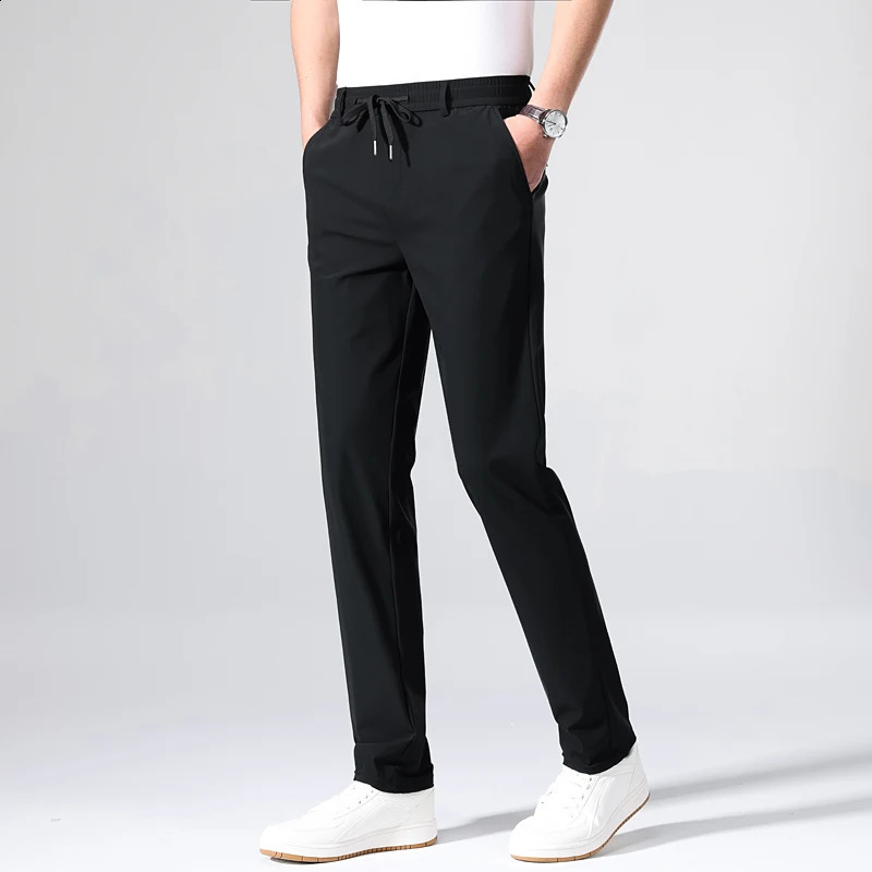 High Quality Casual Pants Spring Summer Mens Ice Silk Quick Drying Elastic Trousers Slim Fit Thin Drawstring Straight Pant 240824