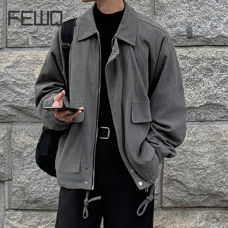 FEWQ Autumn Winter Loose Korean Fashion Jacket Mens Corduroy Jacket Solid Color Casual Male Tops Turn-down Collar 240826