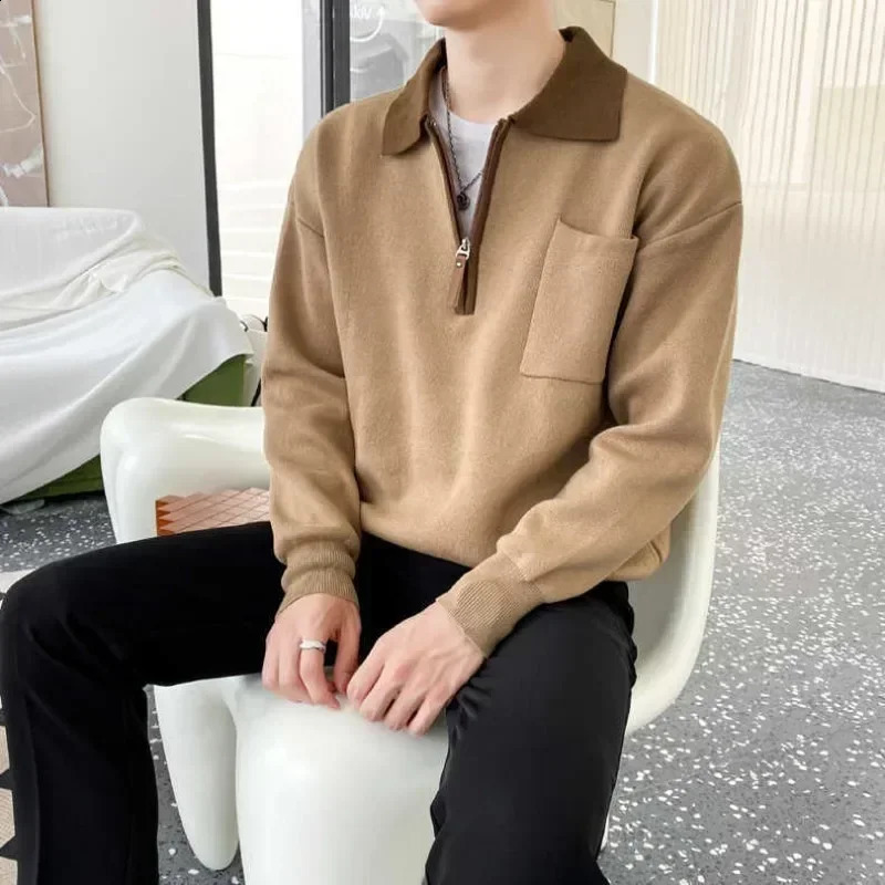 Mens knitted sweater zipper spliced mens clothing with pockets brown polo zipper heating South Korea 2024 autumn A S 240824