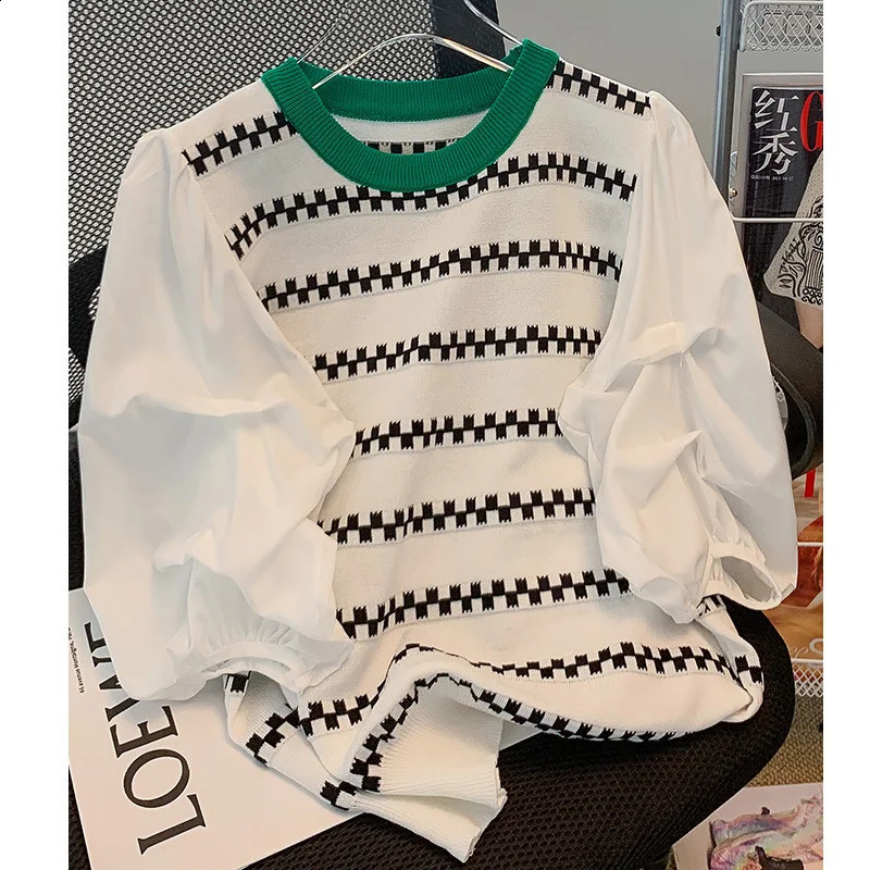 Summer short sleeved checkered printed womens sweater knitted sweater O-neck top Korean zipper womens skydiving womens green fabric 240826