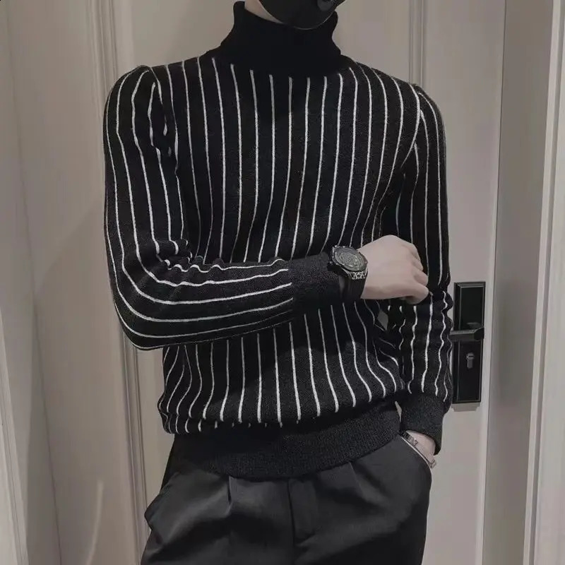Fashion printed knitted patchwork Korean turtle neck striped sweater mens autumn loose casual zipper warm top 240824