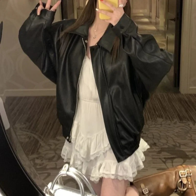 Korean Fashion Autumn Jacket Women PU Tops Retro Black Leather Coat Clothes for Women Jacket Top Female Clothing 240824