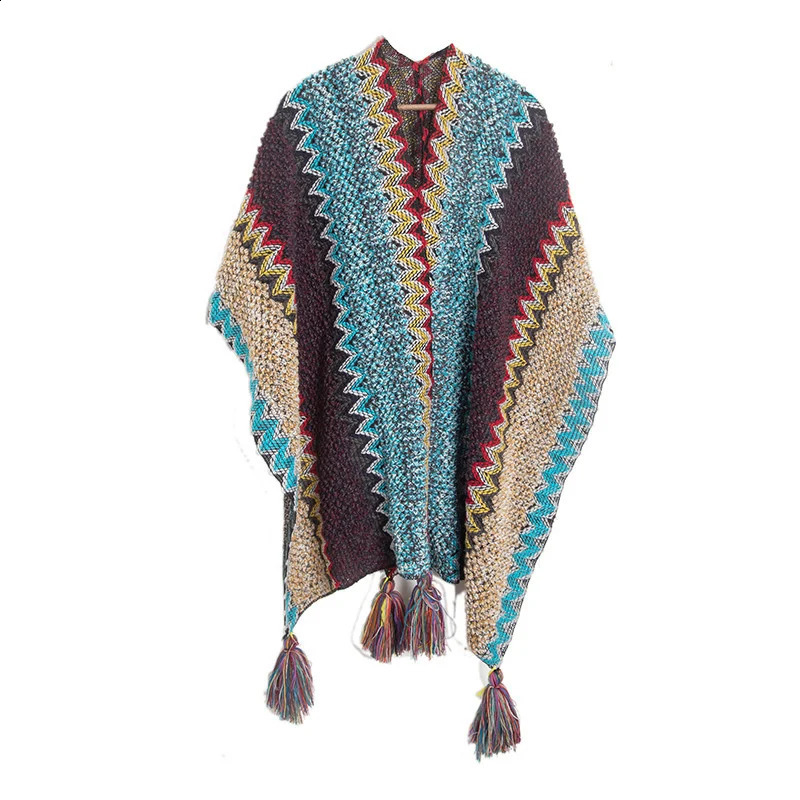 Printemps automne vintage de style ethnique rain-en-ciel tricoté de châle Trip Casual Poncho Cardigan Pull femelle Capes à manches demi-manches 2