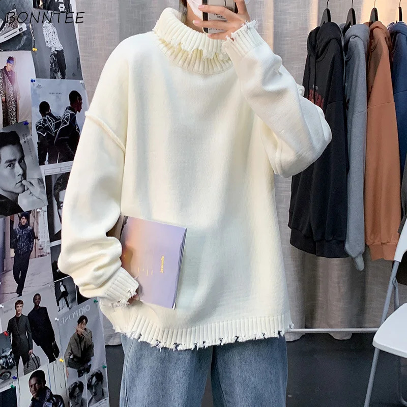 Pullover Mens Turtle Neck Sweater Tear Korena Style Fashion Knitted Loose Full Match Warm Harajuku Solid Color Simple 240826