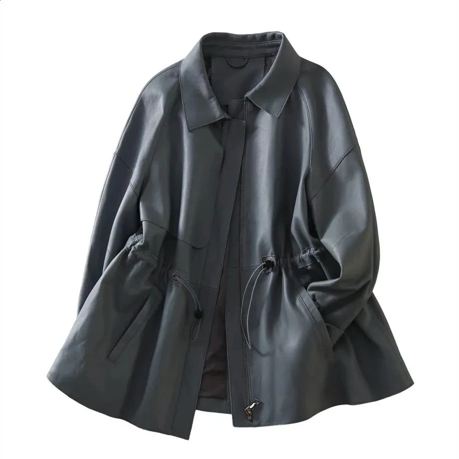 Coréen womens slim pu cuir veste en cuir mode couture revers à la taille de trémettement de style haut de gamme manteau décontracté extérieur 240
