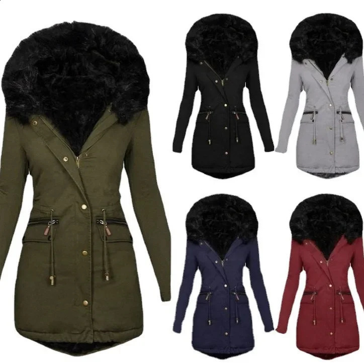 Womens solid color hooded mid length cotton jacket suitable for warm womens clothing in autumn and winter 240826