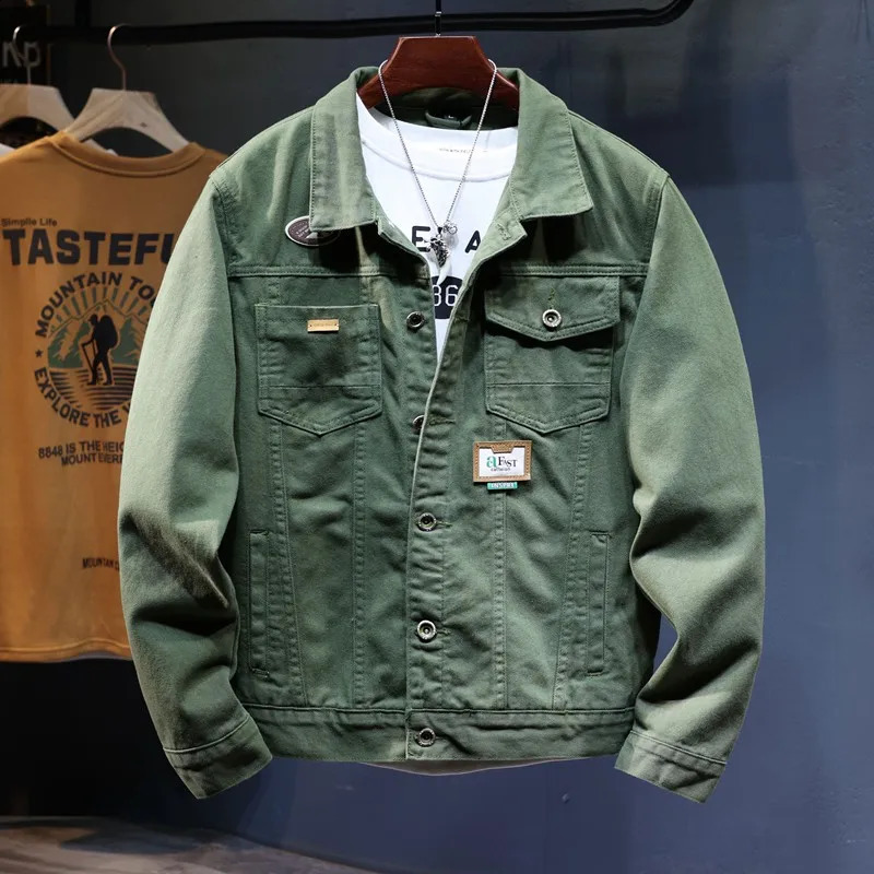 High-End Patterned Denim Jacket Mens Korean Style Fashionable Spring Versatile Loose Cargo Washed Mens Wear Top 240826