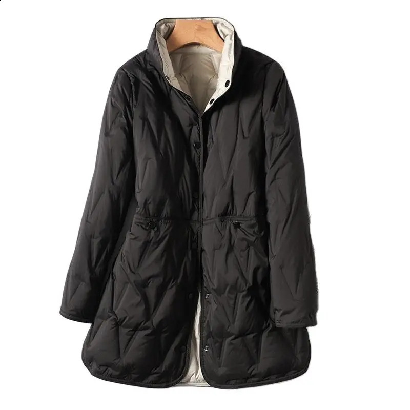 Lagabogy Women Autumn Double Sided Thin Puffer Jacket Stand Collar White Duck Down Coat Female Ultra Light Mid-Long Parkas 240824