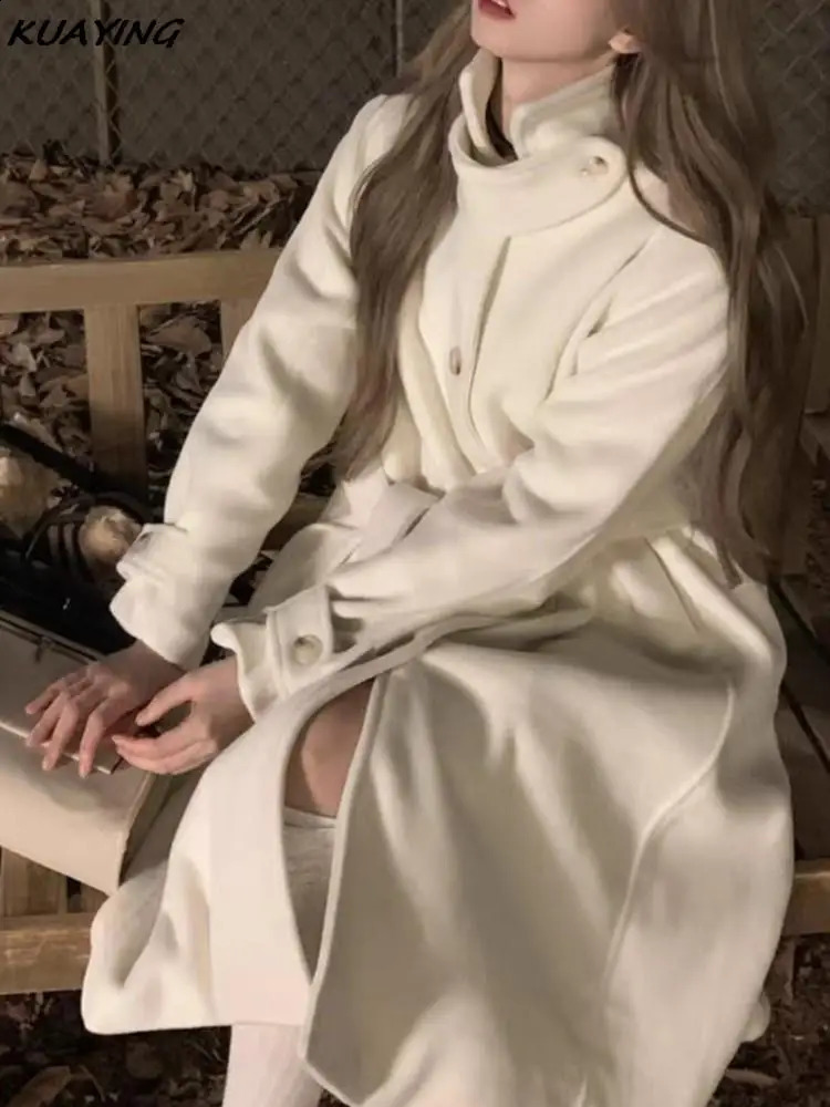 Korean Woolen Midi Coat for Women Hepburn Style Loose Thickened Outerwear Overcoat Female Clothes Warm Cloak Autumn Winter 240826