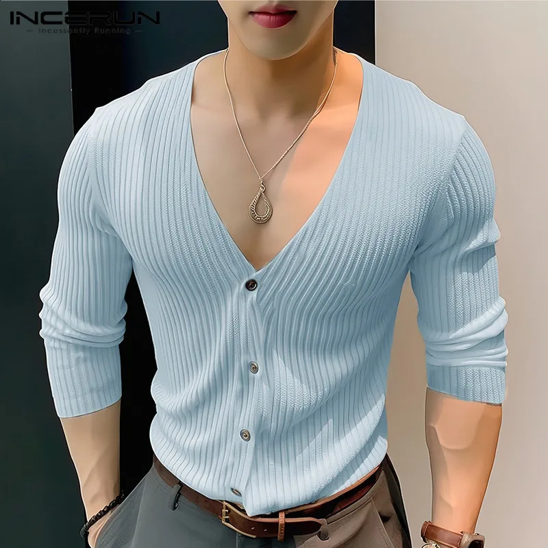 2024 mens knitted solid color V-neck long sleeved streetwear casual mens casual shirt S-5XL INCERUN 240827