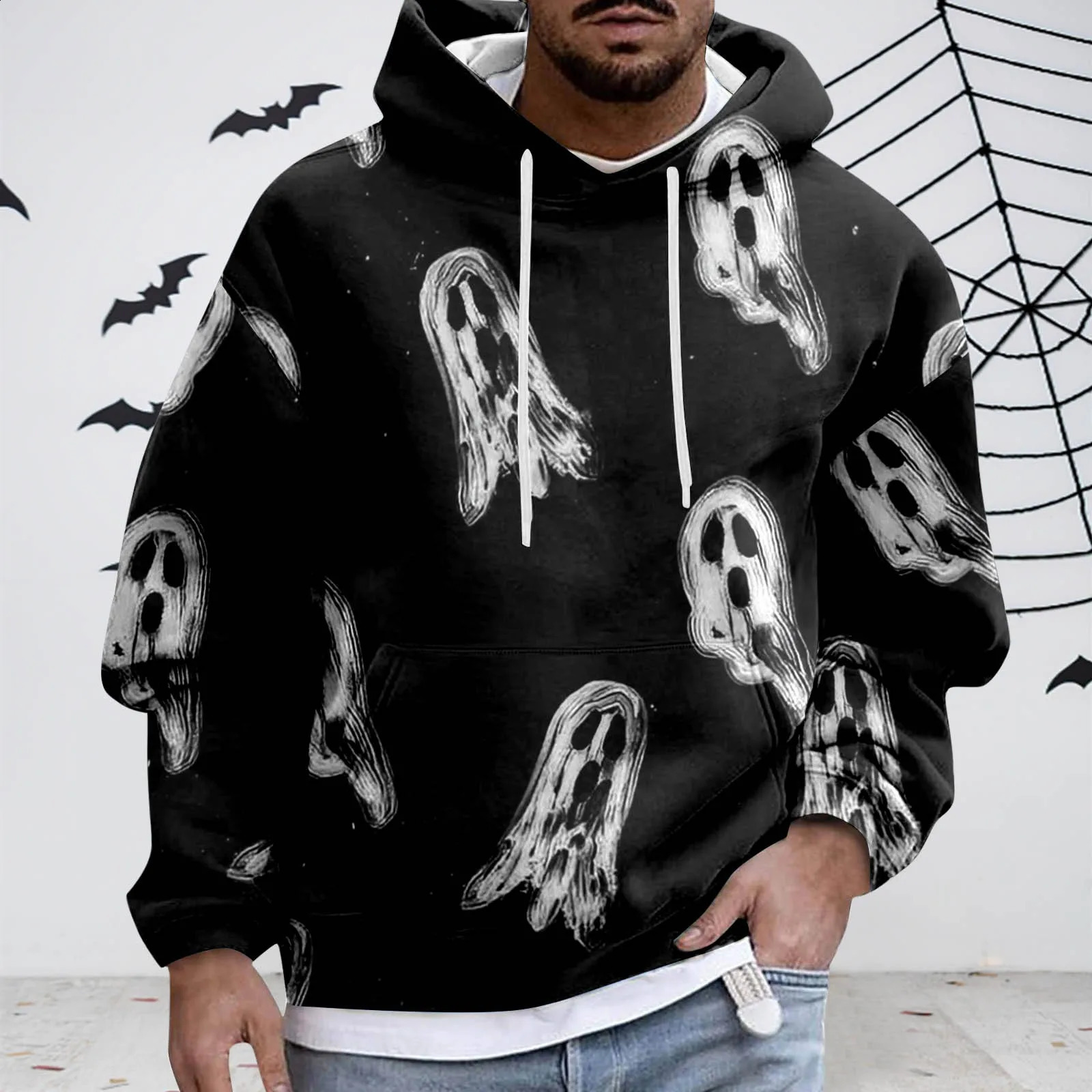 Casual Autumn Womens Ghost Hoodie Halloween Graphic Printing Hoodie Wool Soft Sports Sweater Loose Warm Mens Wear 240826