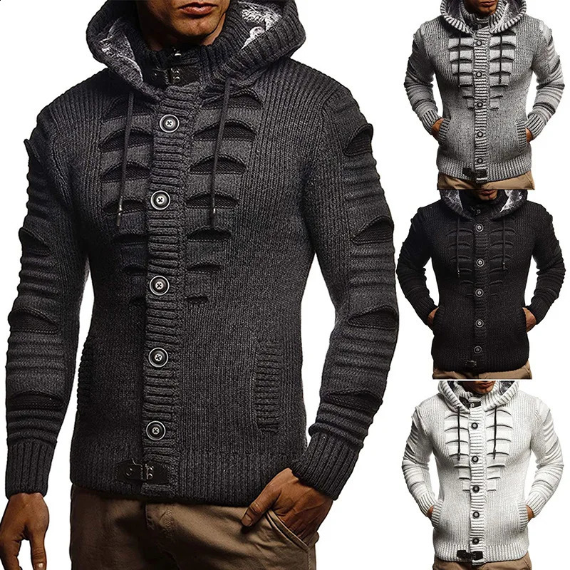 Beautiful autumn and winter European and American fashion mens sweaters long sleeved hats cow horn buttons slim and suitable for knitting zippers