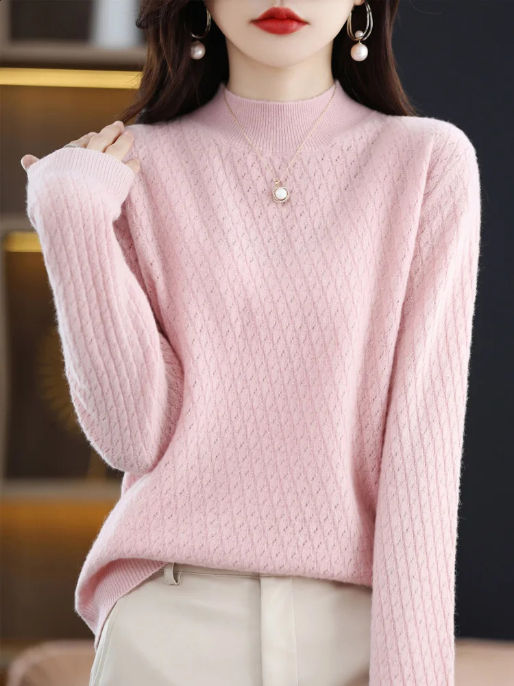 Autumn and Winter 100% Merino Wool Printed Womens Hollow Plain Neck Long Sleeve Cashmere Knitted Sweater Korean Fashion Top 240826