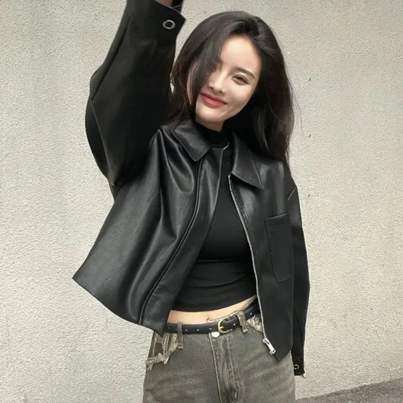 Black PU Leather Women Jackets Korean Fashion Zipper Biker Short Jacket Woman Autumn Winter Casual Loose Turndown Collar Coat 240824
