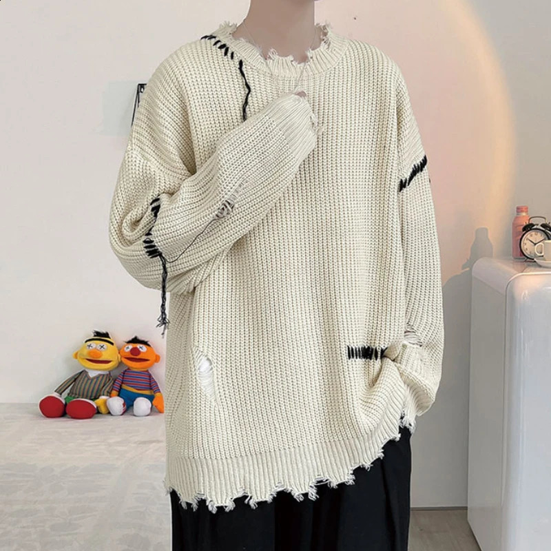 Korean fashion hip-hop oversized latte mens sweater torn knit Harajuku mens knitted retro sweater 240826