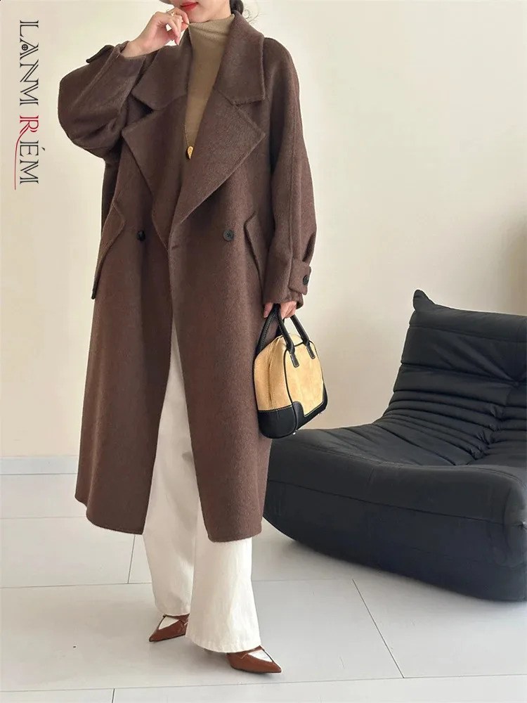LANMREM Casual Wool Double-sided Cashmere Coat Womens Notched Raglan Sleeves Solid Color Coats Autumn Winter 2Z2327 240826