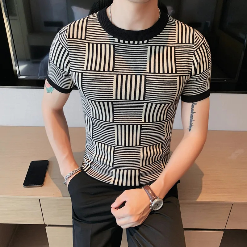 British short sleeved sweater mens clothing ultra-thin O-neck mens casual knitted floral dress plain knitted shirt S-4XL 240824