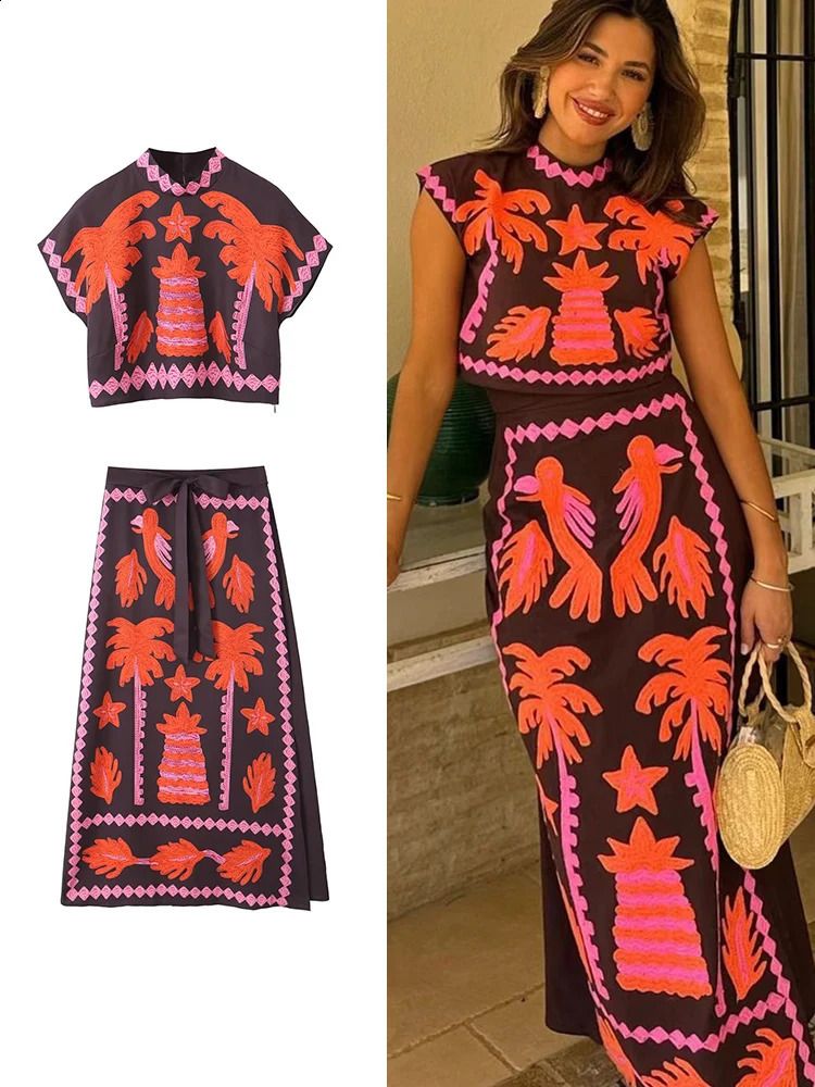 TRAF – ensemble deux pièces imprimé pour femmes, jupe élégante, col rond, haut sans manches, taille haute, jupe à la mode, costume de rue, 240824
