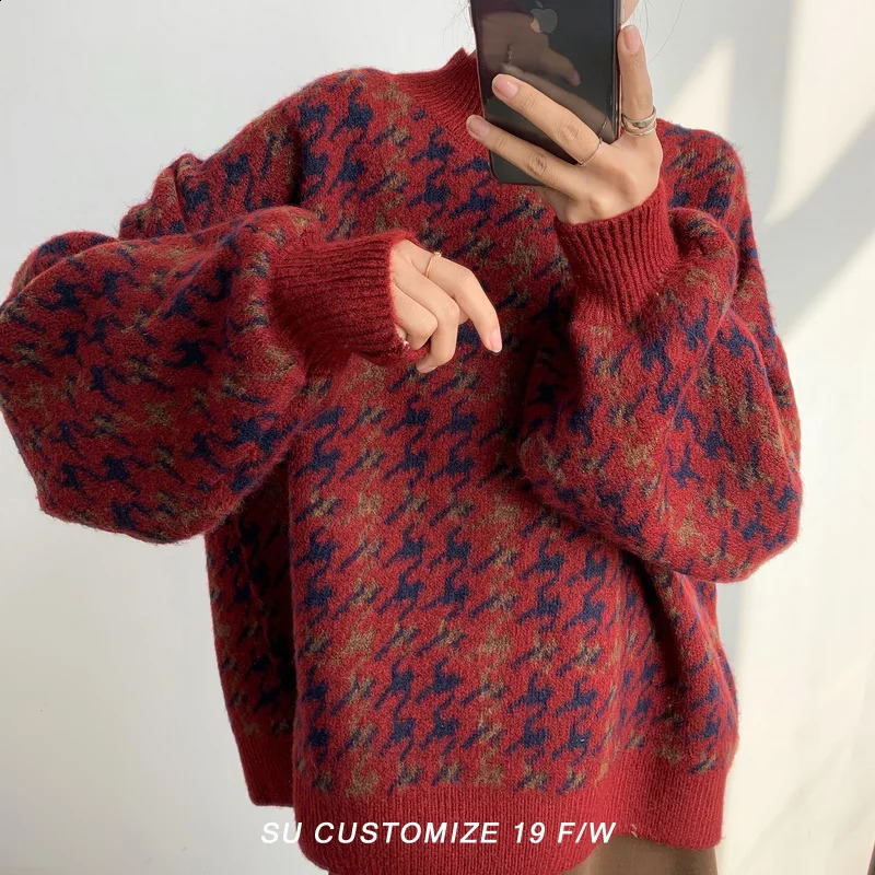 ZOKI Houndstooth Womens Floral Sweater Loose Knitted Retro Casual O-Collar Jumping Winter Red Warm Womens Plain Woolen Clothes 240826