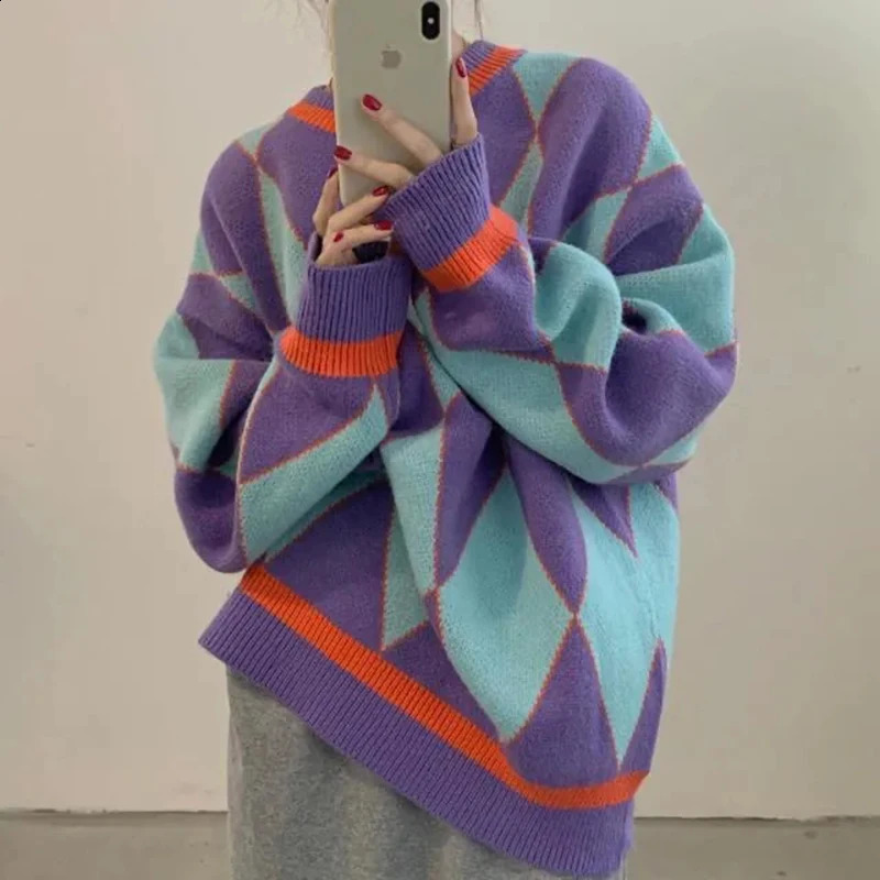 MEXZT Streetwear Argyle Sweater Womens Large Plain Knitted Pulling Retro Korean Loose Knitted Harajuku Casual Jumper 240826