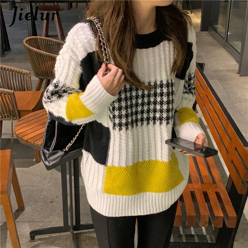 Jielur Retro Plain Knitted Sweater Womens Autumn Winter Chic Long Sleeve O-Collar Zipper Green Patch Work Sweater Womens S-XL 240826