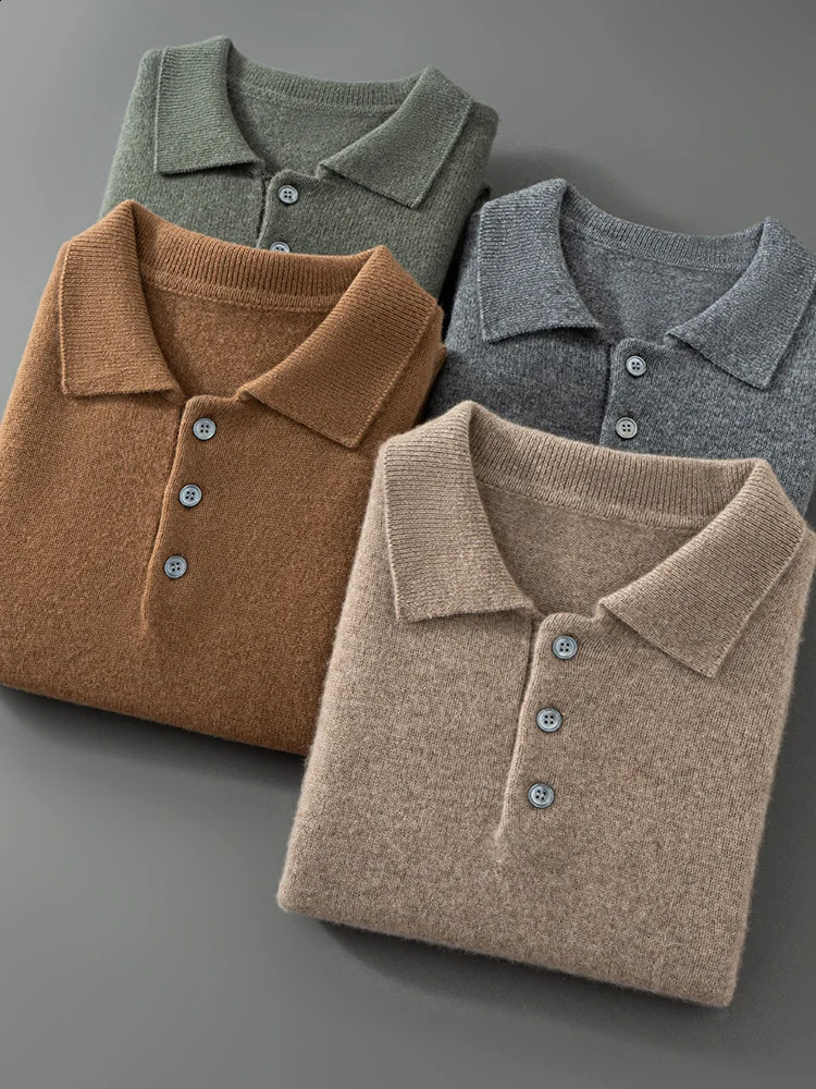 100% Cashmere Mens Polo Collar Pullover Sweater Autumn Solid Business Casual Knitted Loose Large Jacket 240824
