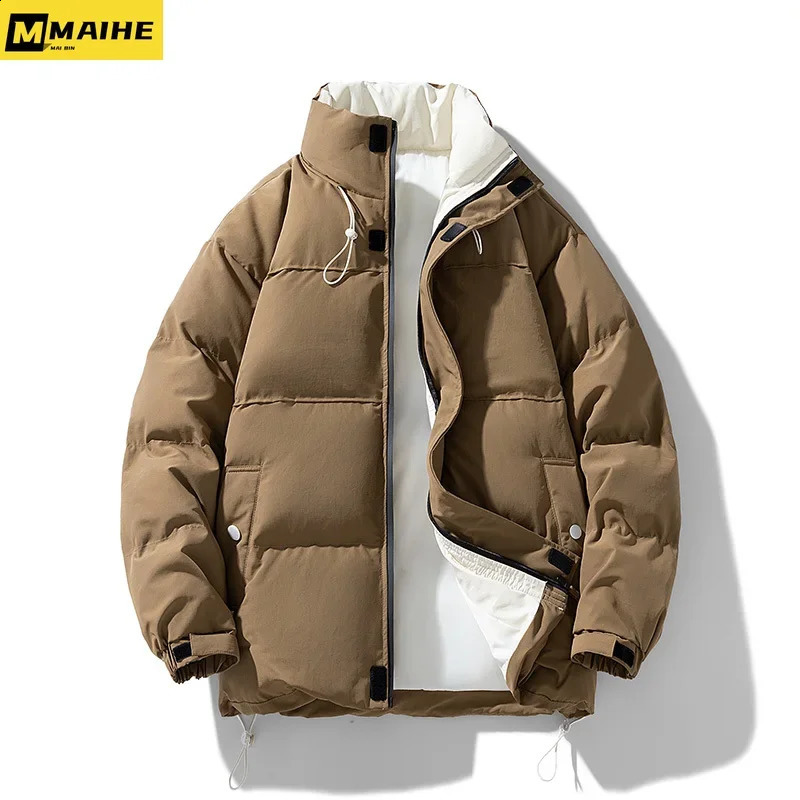 Winter Mens Jacket Outdoor Solid Color Retro Style Thick Down Cotton Jacket Korean Edition High Neck Windproof Skiing Coat 240826