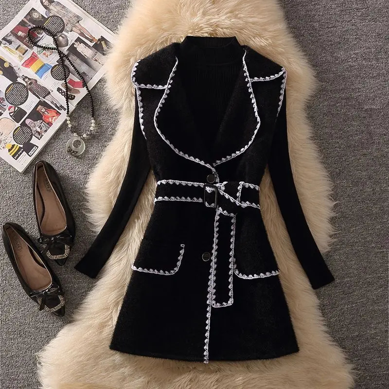 Womens V-neck wool vest for Spring and Autumn fashionable sleeveless jacket elegant wool vest dress set 2PCS 240824