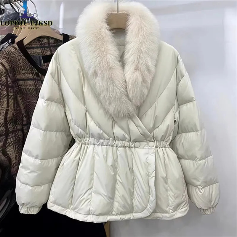 Womens Covered Button Down Parkas White Duck Down JacketLarge Fur Collar Korean Female ClothingWinter 240824