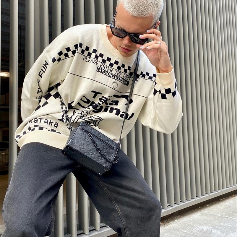 Mens sweater oversized loose retro pattern Harajuku jumper long sleeved winter O-neck Y2k streetwear zipper knitted clothing 240824