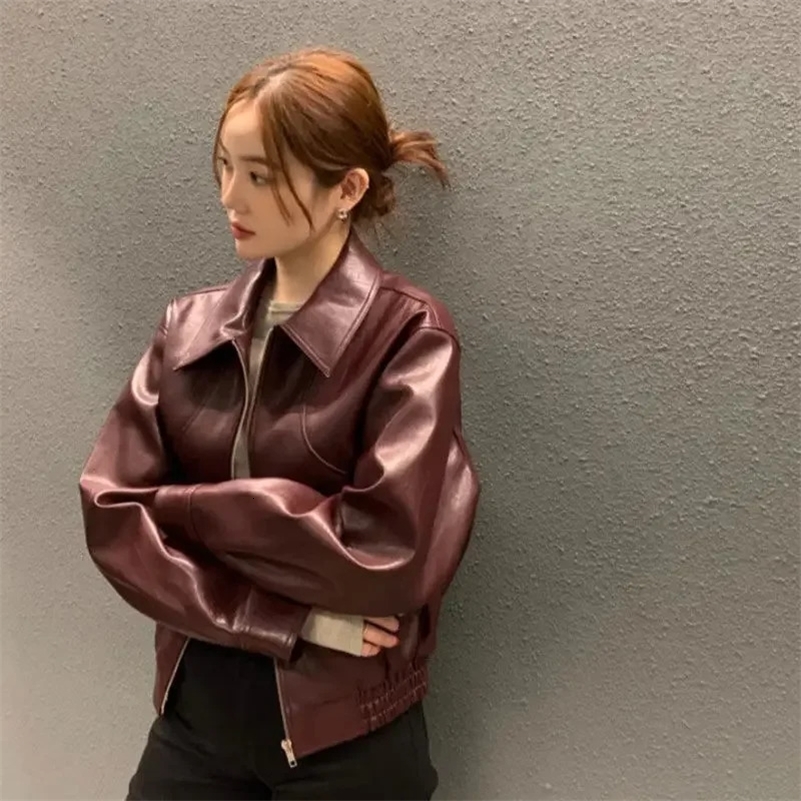 Retro Burgundy PU Womens Leather Jacket Spring and Autumn Collar Zipper Motorcycle Jacket Womens Leather Jacket 240824