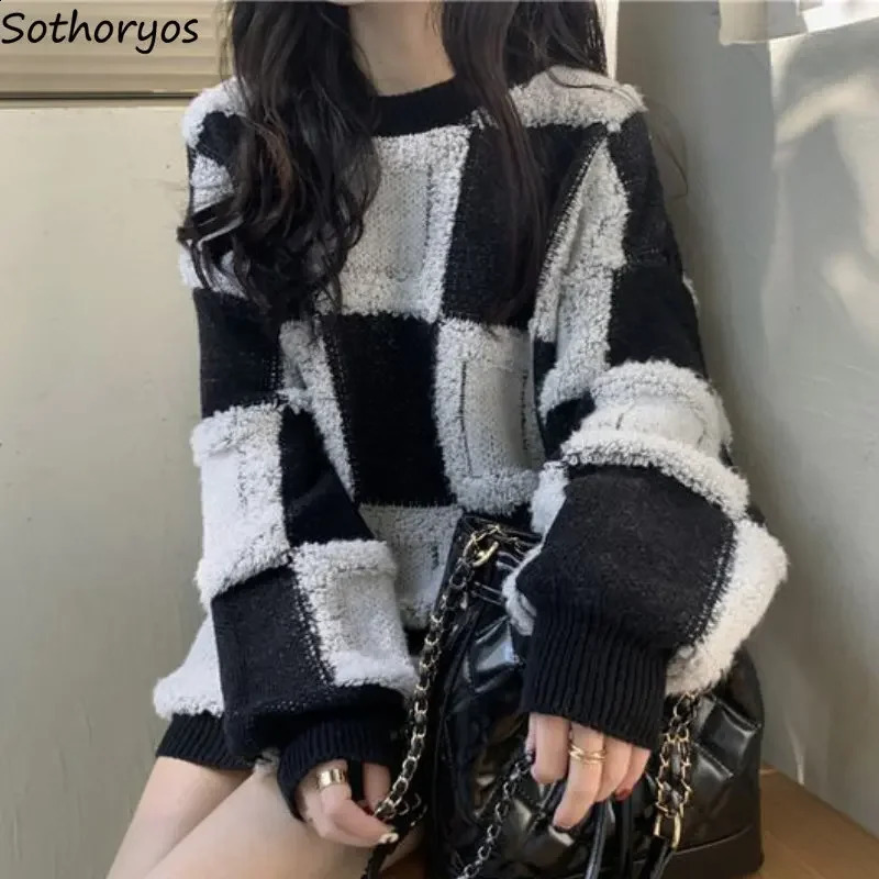 Knitted Pulleys Womens S-6XL Loose Casual Plaid Retro BF Street Clothing Fluffy Student Warm Winter Sweater Chic Ulzzang 240826