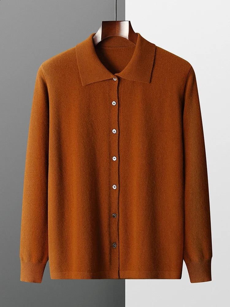 Mens wool cardigan sweater with polo neck autumn and winter buttons intelligent casual cashmere 100% Merino wool knit comfortable mens top 240824