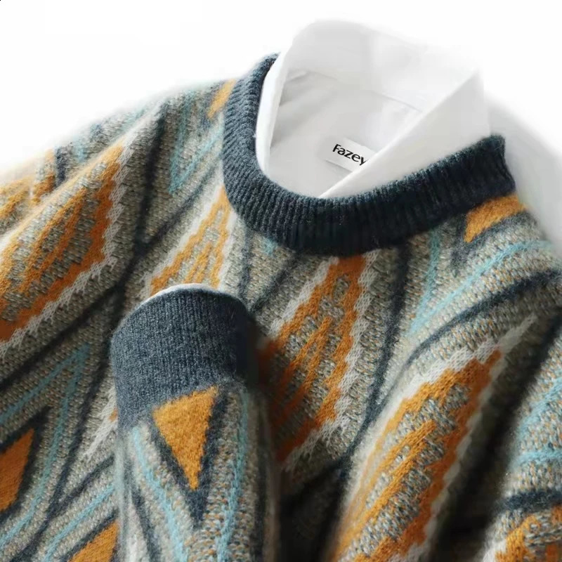 Zocept Autumn Mens Large Pure Wool Loose O-neck Zipper Contrast Color Casual Knitted Cashmere Sweater 240826