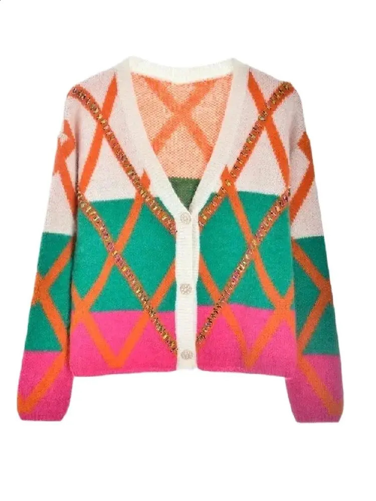 Diamants Argyle tricoté col en v Cardigan femmes mode rétro haut tricoté automne hiver à manches longues pull Y2K 240826