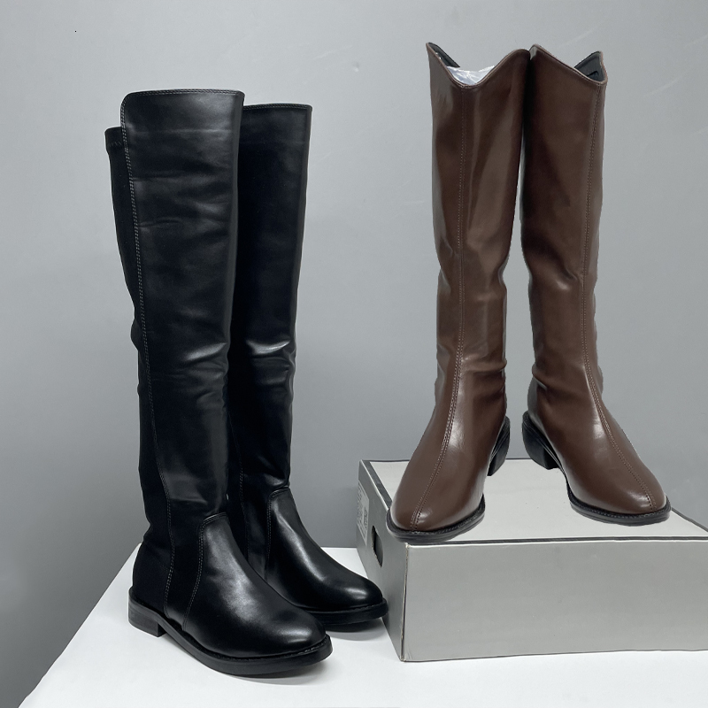 Women Winter Boots Designer Over The Knee Boots Leather Shoes Snow With Round Martin Boots Toe Heel Height5cm Thick Heel Flat Bottom Black Apricot S