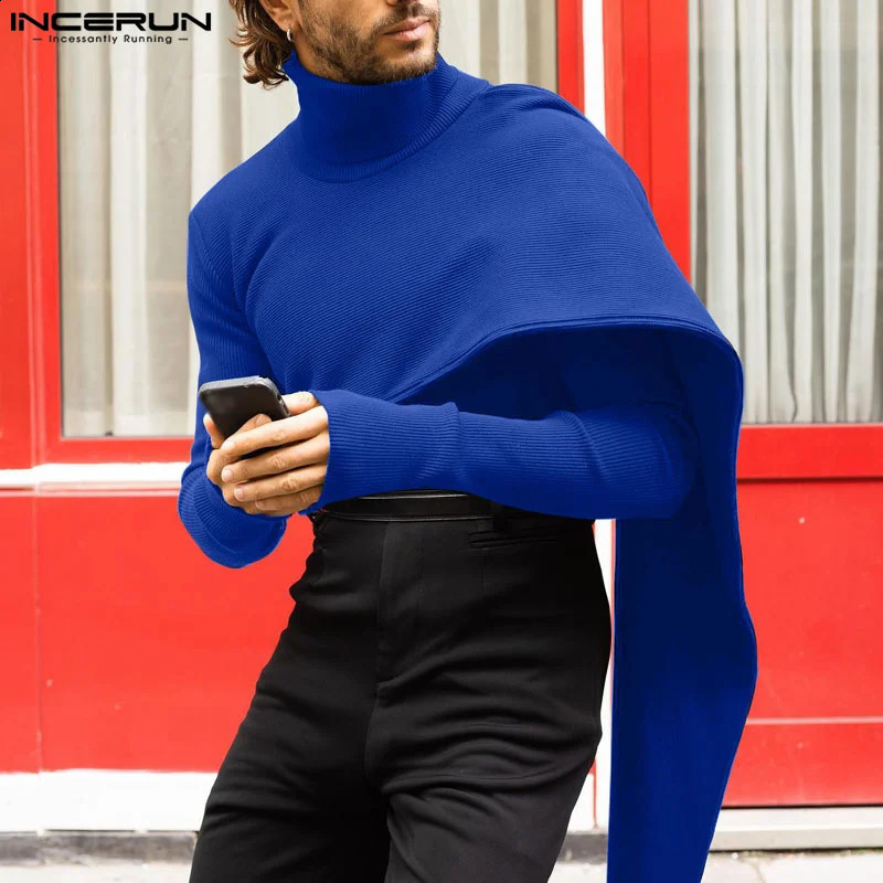 Mens Irregular Puller Solid Knitted Turtle Neck Long Sleeve Sweater Street Clothing Autumn Casual Mens Clothing S-5XL INCERUN 240824