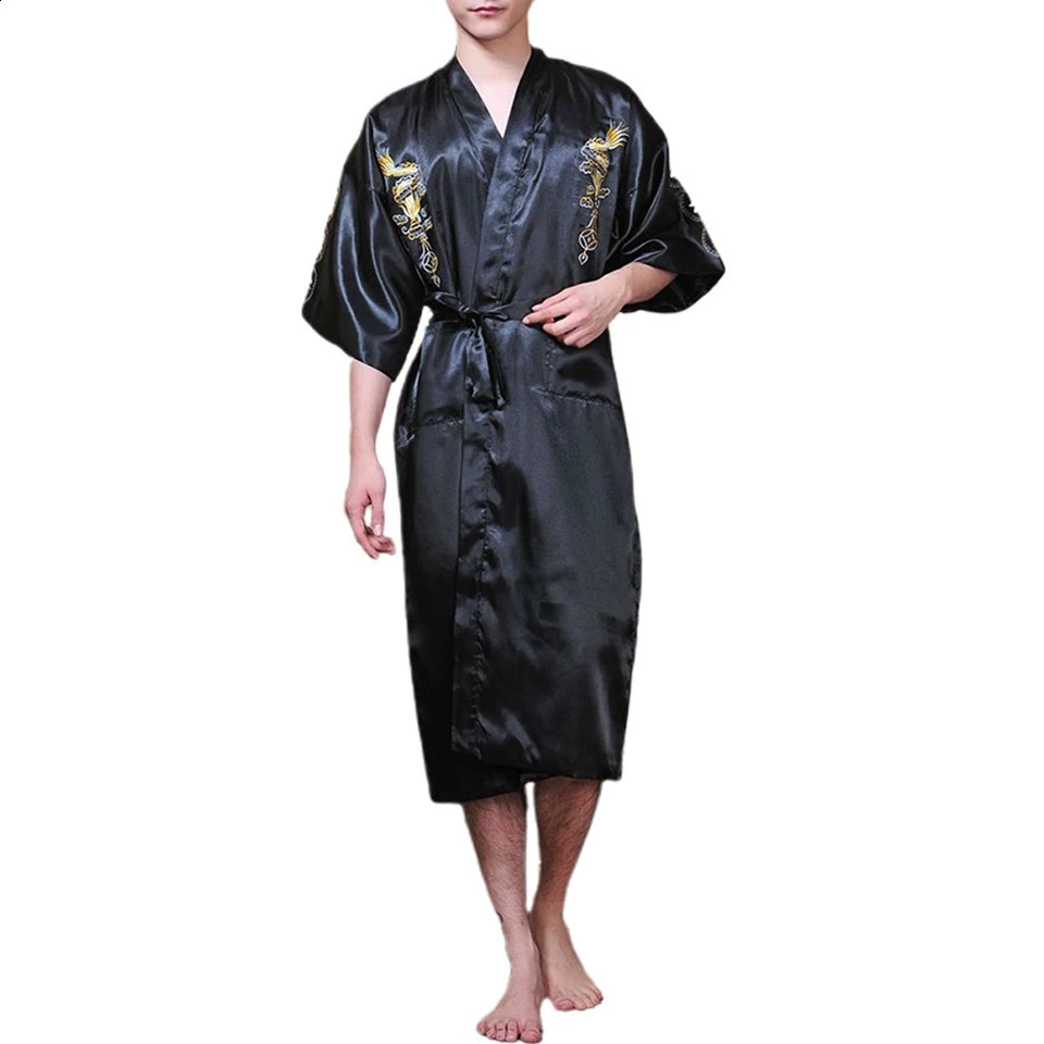 Robes en satin masculine de style dragon de style chinois kimono en soie peignoir pyjamas somnifères robe de bain 240826