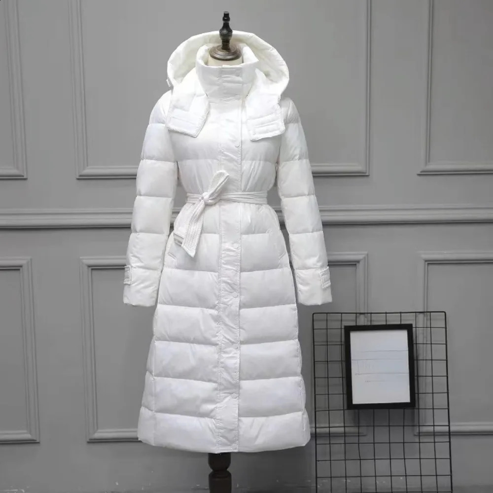 2024 Winter White Duck Down Jacket Women Long Hooded Warm Belt Slim Coat Female Korean Office Lady Casual Fashion 240824