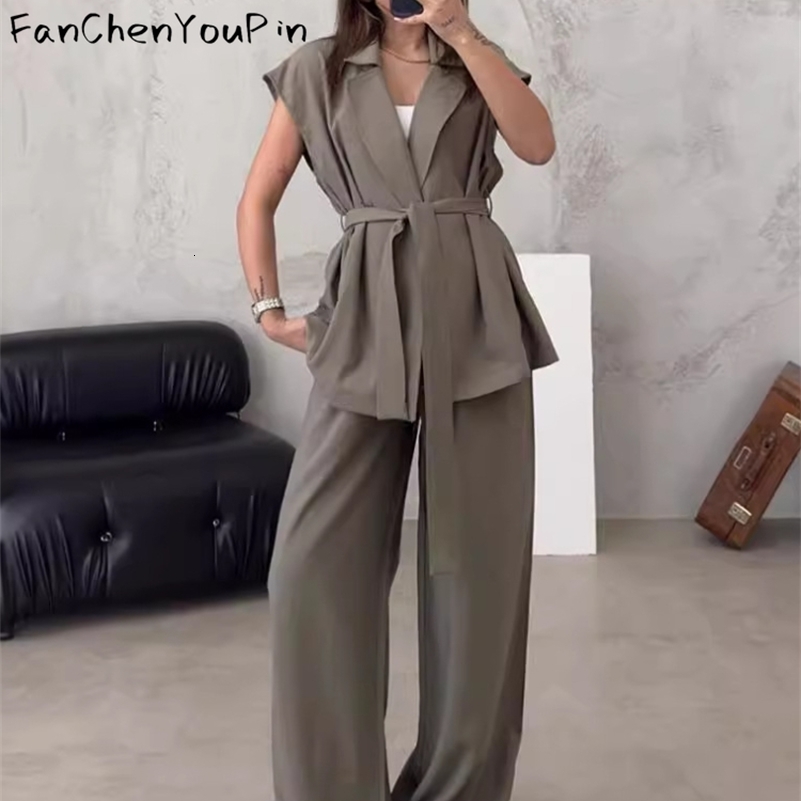 2024 Womens Pant Set Fashion Casual Sleeveless Loose Laceup Cardigan Top Elegant Vintage High Waist Wide Leg Trousers 2piece y240824