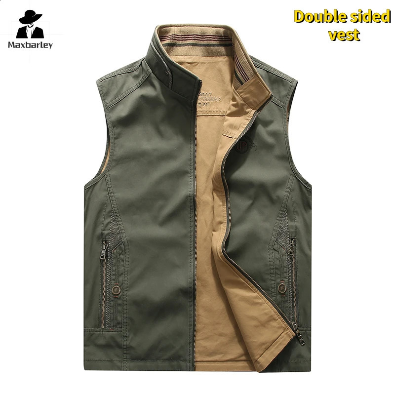 Outdoor Fishing Vest Mens Plus Size Casual Sports Pure Cotton Double-sided Vest Autumn High Quality Sleeveless Work Jacket 240824