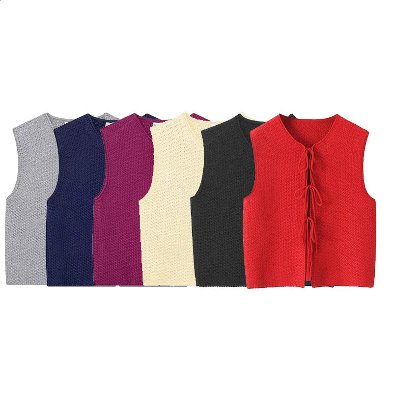 Willshela Women Fashion Solid Lace Up Knitted Vest Tank Tops Vintage ONeck Sleeveless Female Chic Lady Top 240826