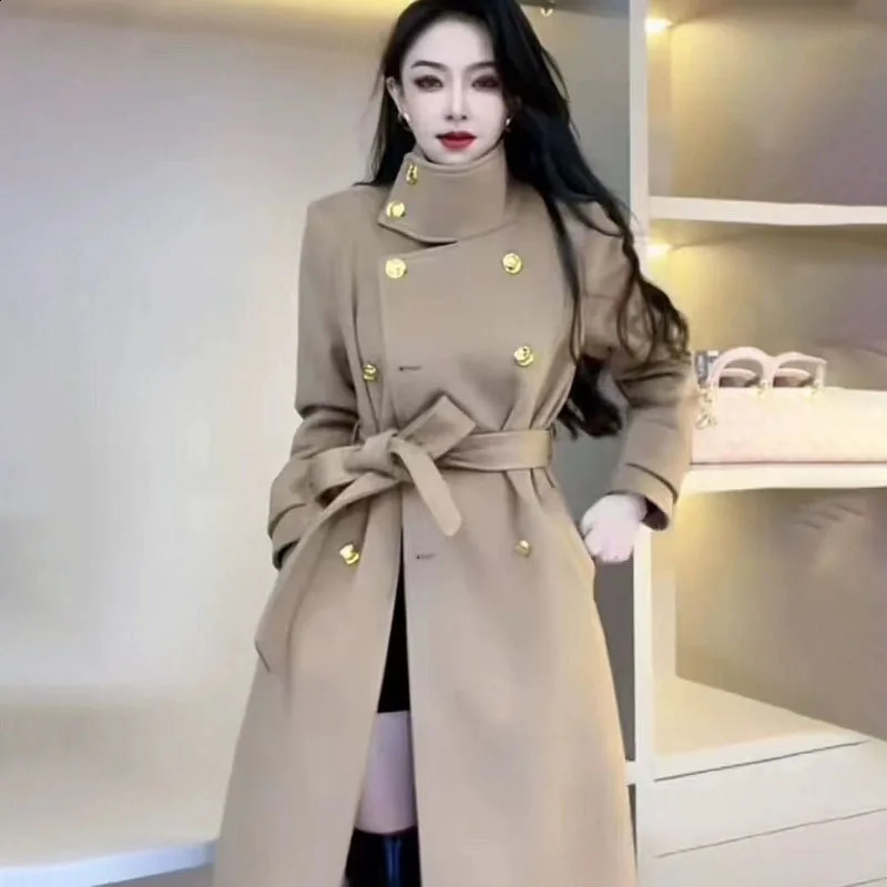 Spring Autumn Woolen Windbreaker Jacket Womens Overcoat Loose Double-Breasted Lace-Up Pocket Slim Mid-length Coat 240826