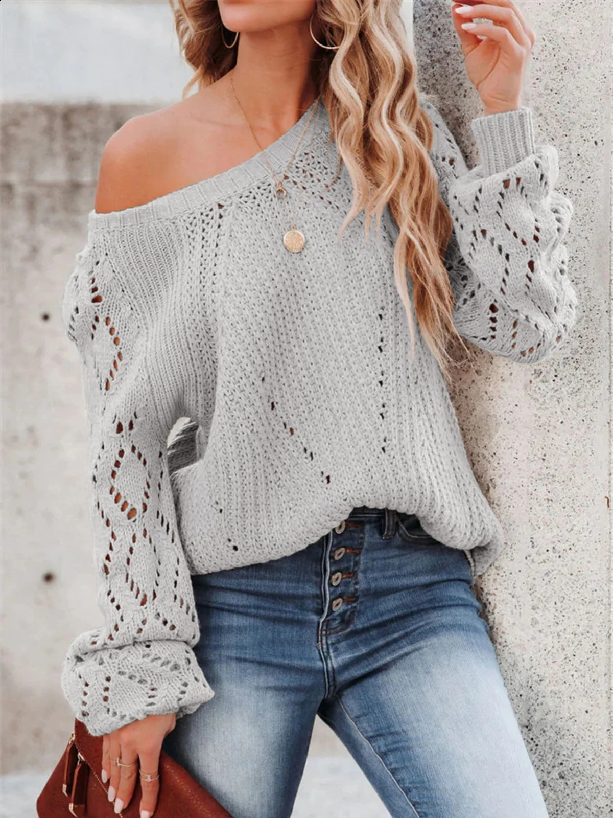 Grey hole sweater womens staff collar long sleeved sweater casual loose fit floral top fashionable streetwear autumn womens clothing 240826