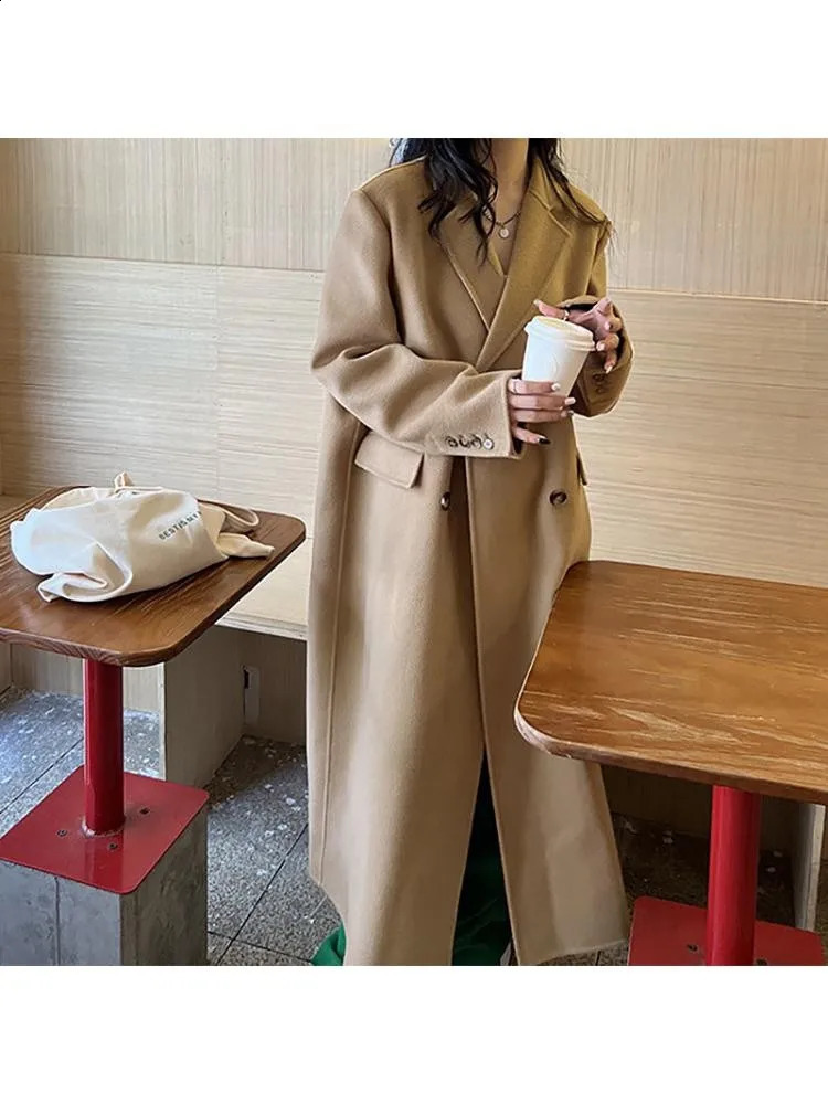 Winter Double Breasted Long Handmade 100% Wool Coat Women Korean Style High End Suit Collar Loose Woolen Jacket Overcoat 240826