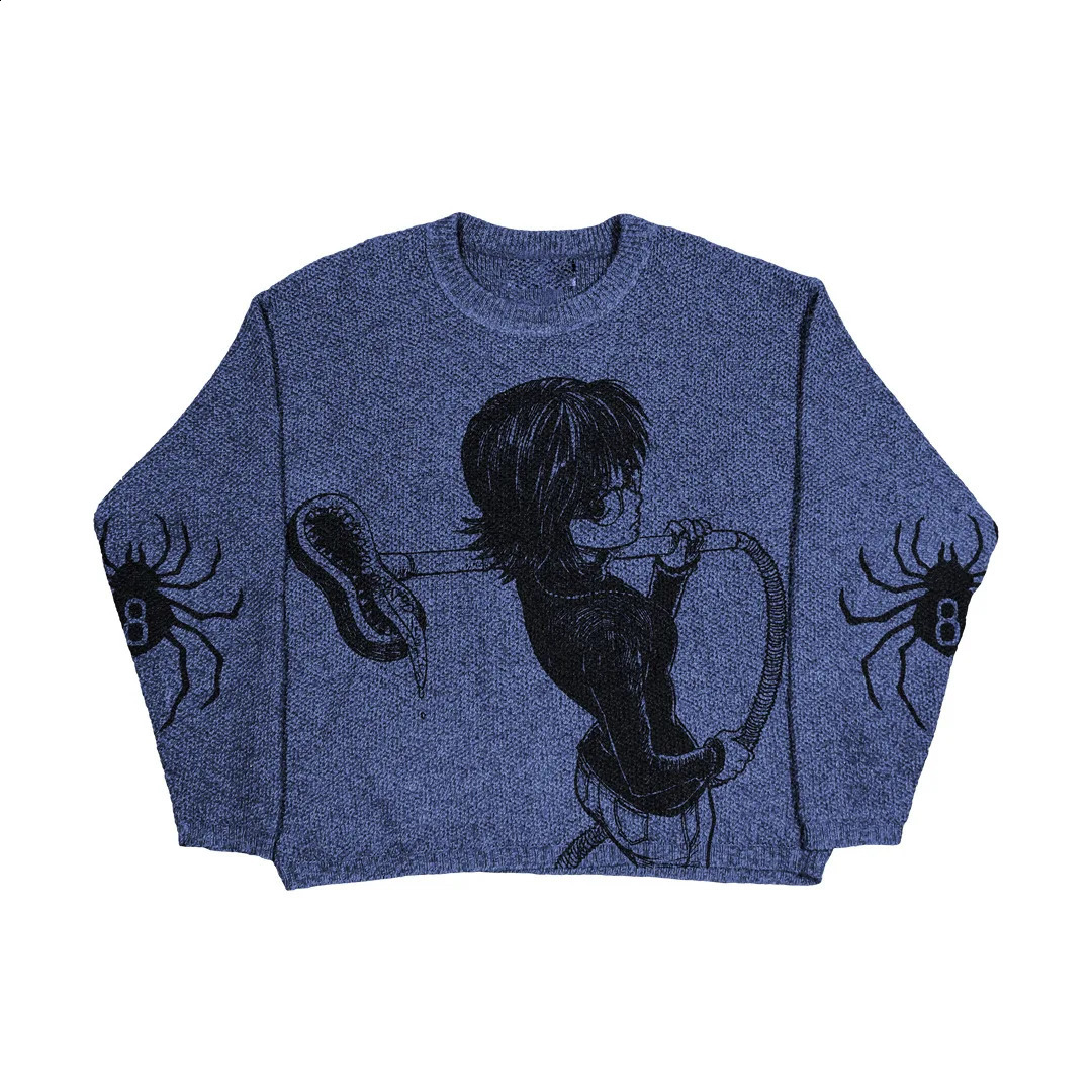 Hip Hop Knitted Mens Sweater Harajuku Fashion Spider Pattern Printing Loose Tops Casual Streetwear Pullover 240824